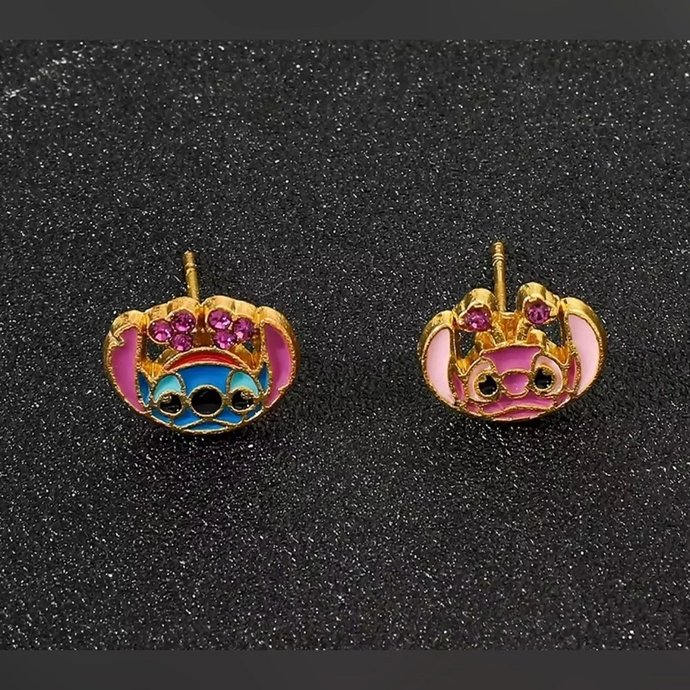 14K Gold Disney Stitch & Angel Stud Earrings Set Mismatch Asymmetrical Character